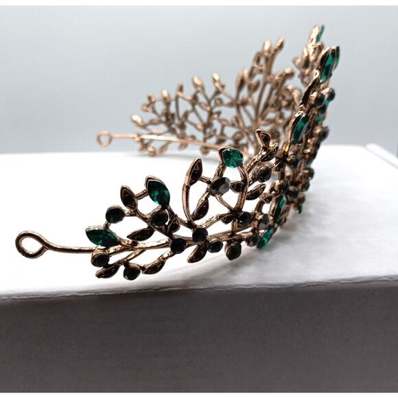 Golden Tiara Leaf with Green Glass Crystals Bridal Prom Crown Headpiece - Picture 4 of 5